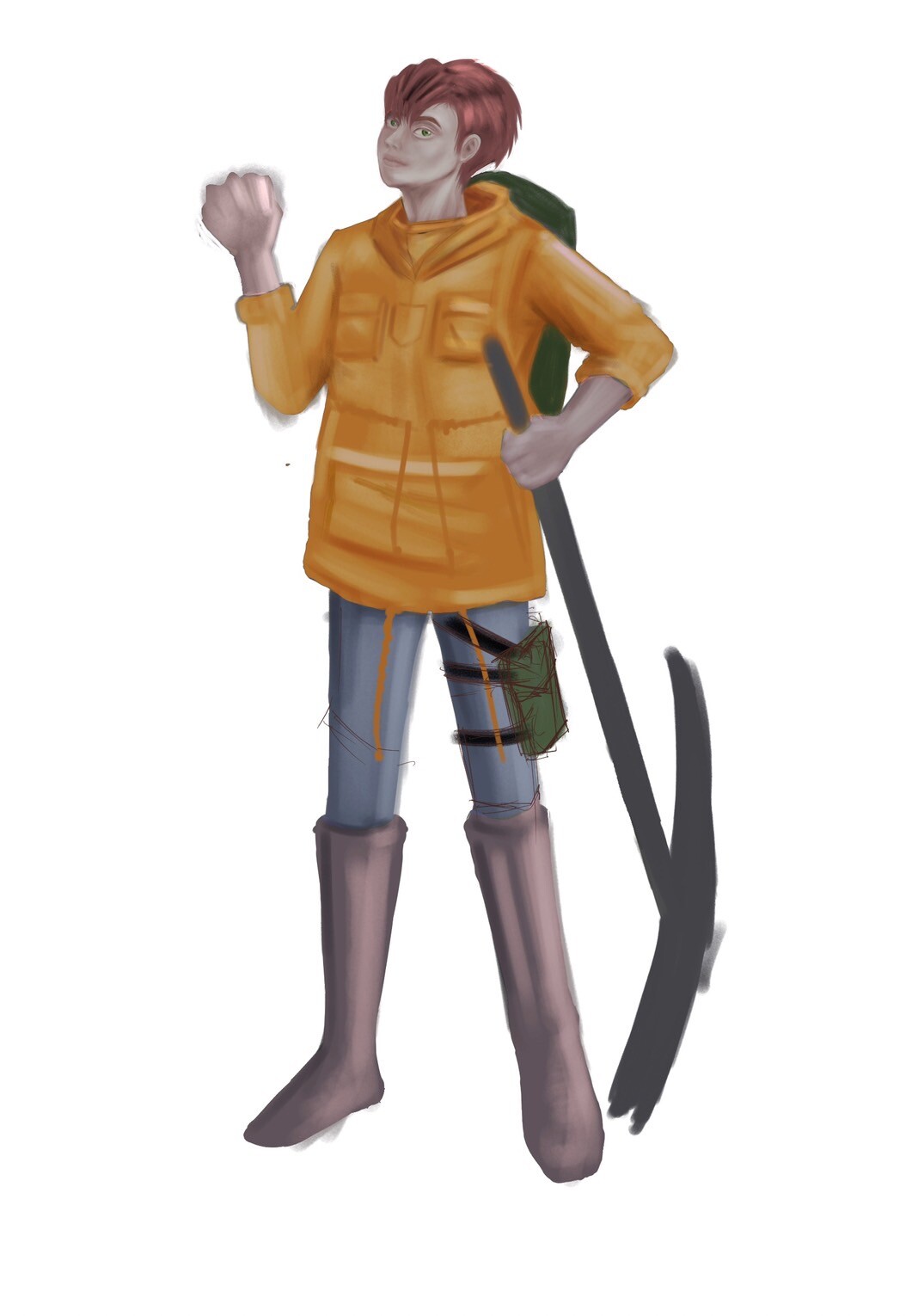 Colored character design of Duan wearing an orange field jacket, boots, and exploration gear