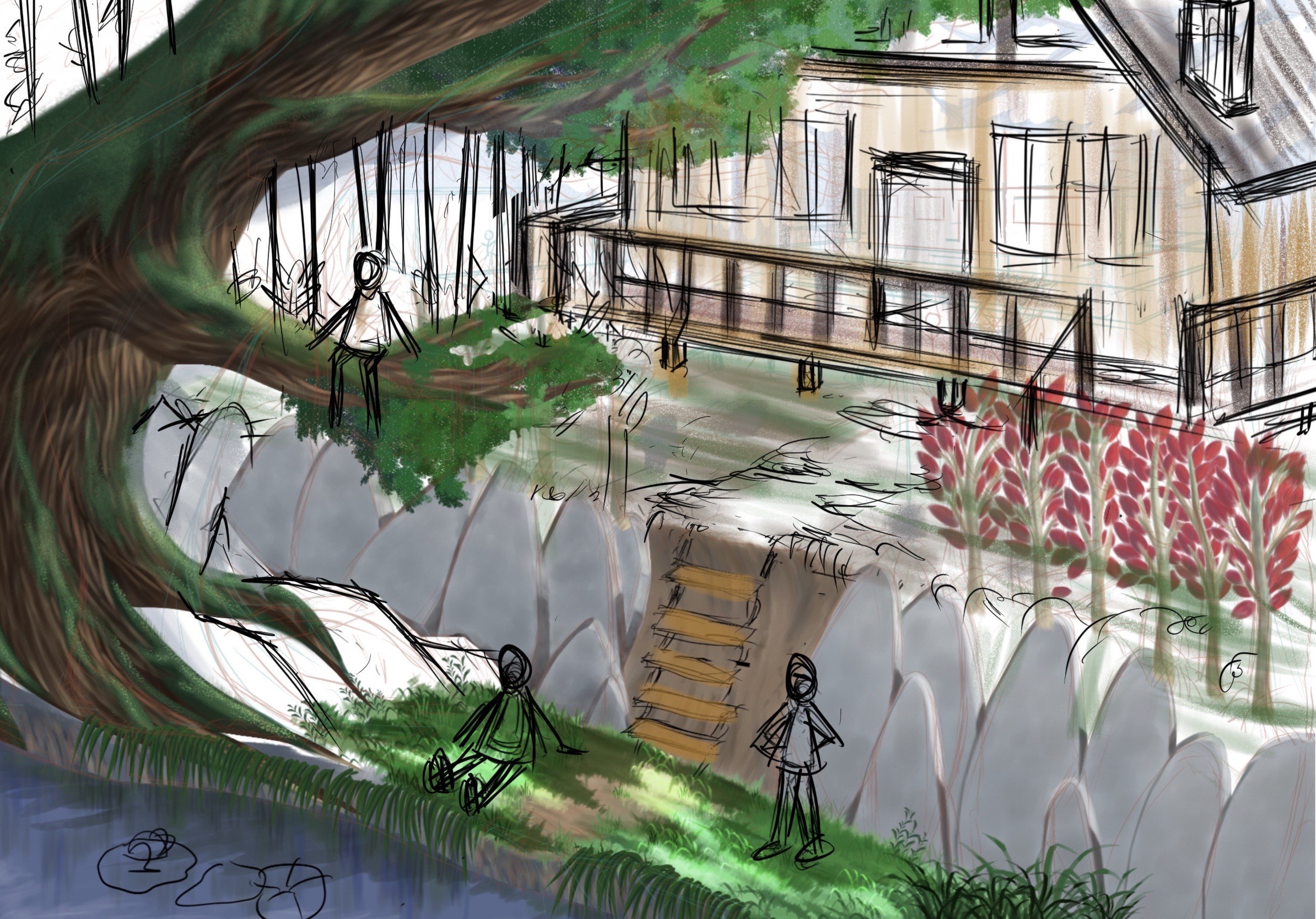 Work in progress childhood house environment concept with a large tree, rocks, water, and elevated buildings