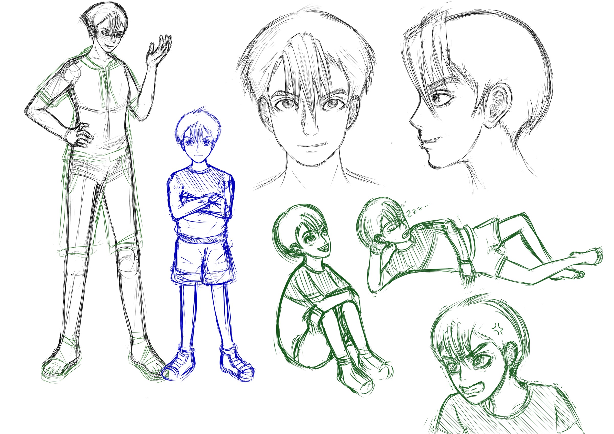 Character design sheet showing Duan in several poses and facial studies