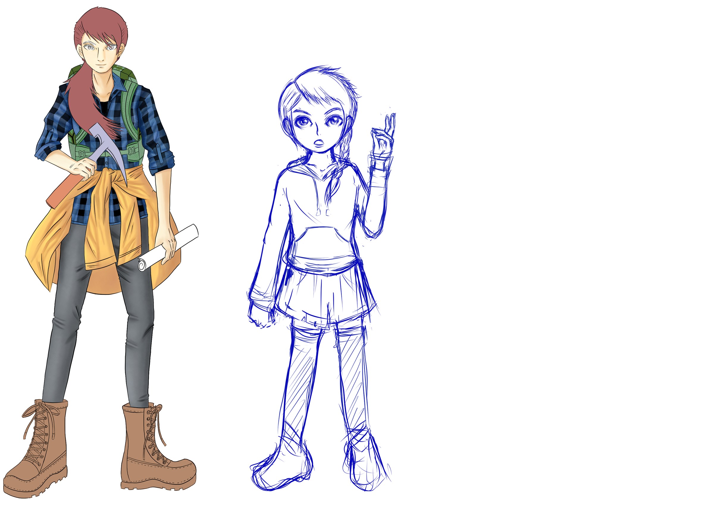Supporting classmate character concept with colored and sketch variations
