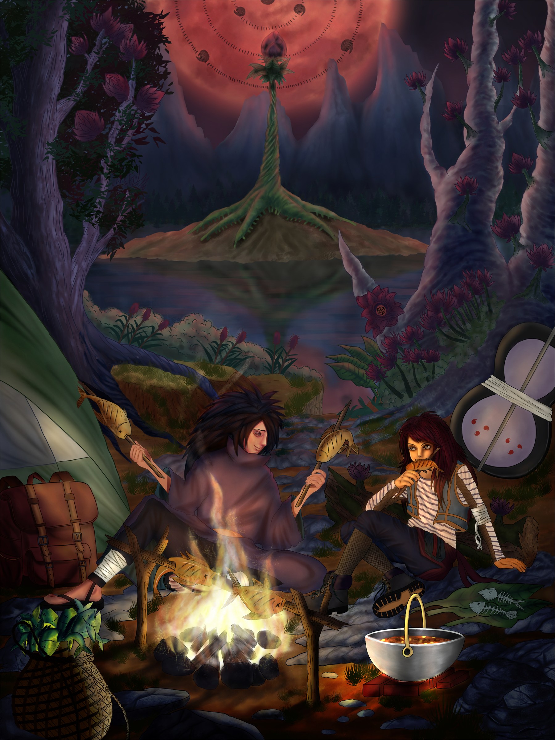 Completed Madara Uchiha fan art illustration set around a campfire in a fantasy landscape