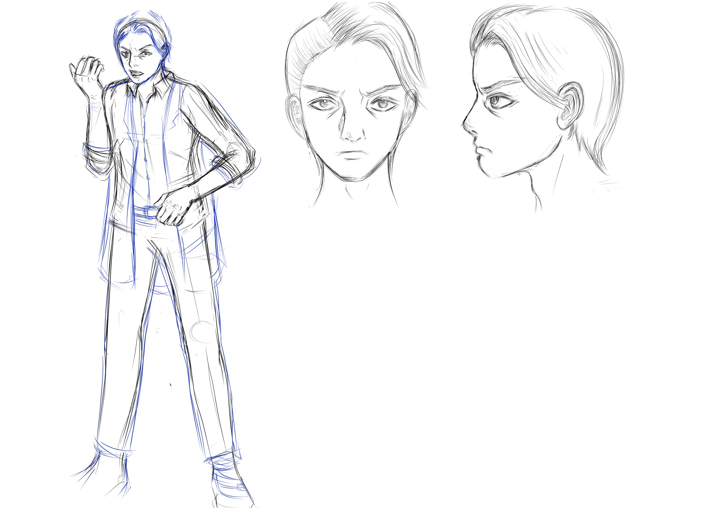 Professor character design with full figure and face studies