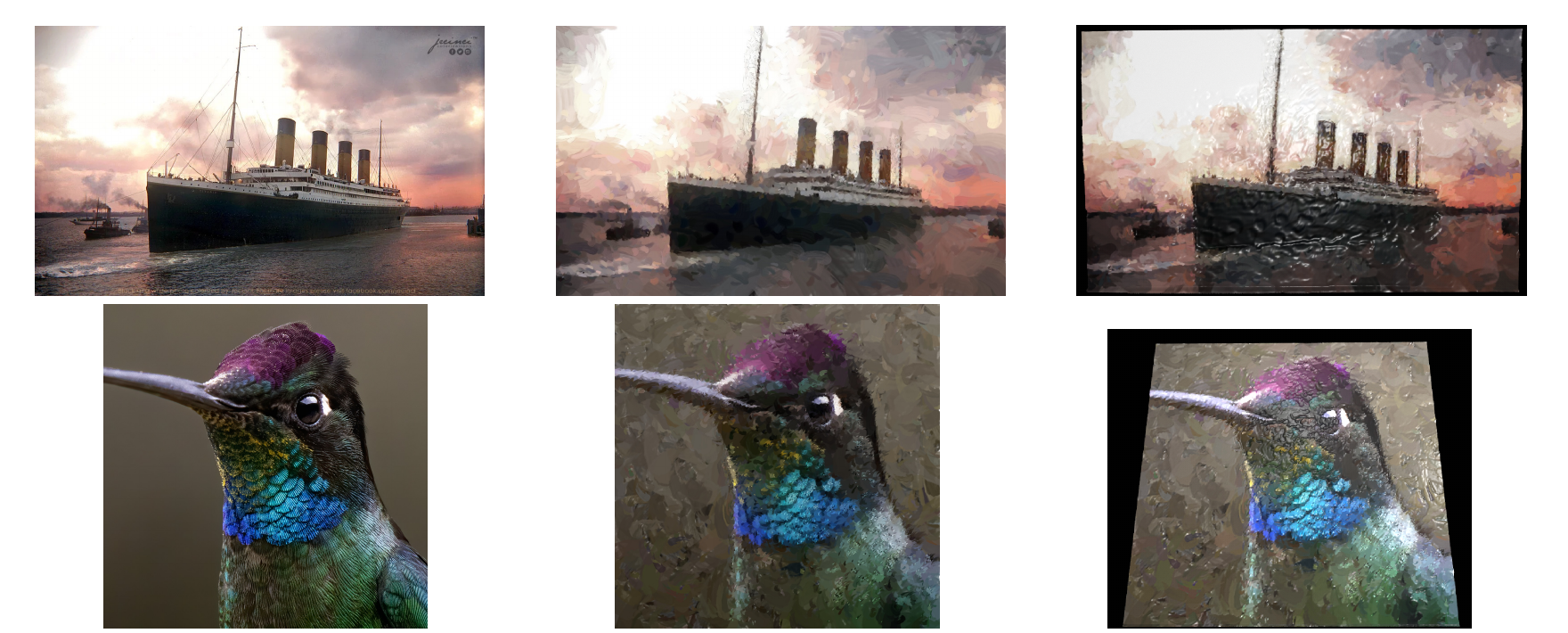 Stylized paintings compared with source photographs and textured 3D results