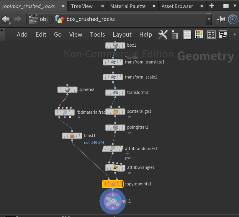 Houdini procedural node network for the crushed rock barrier