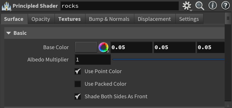 Houdini principal shader settings for the crushed rock material