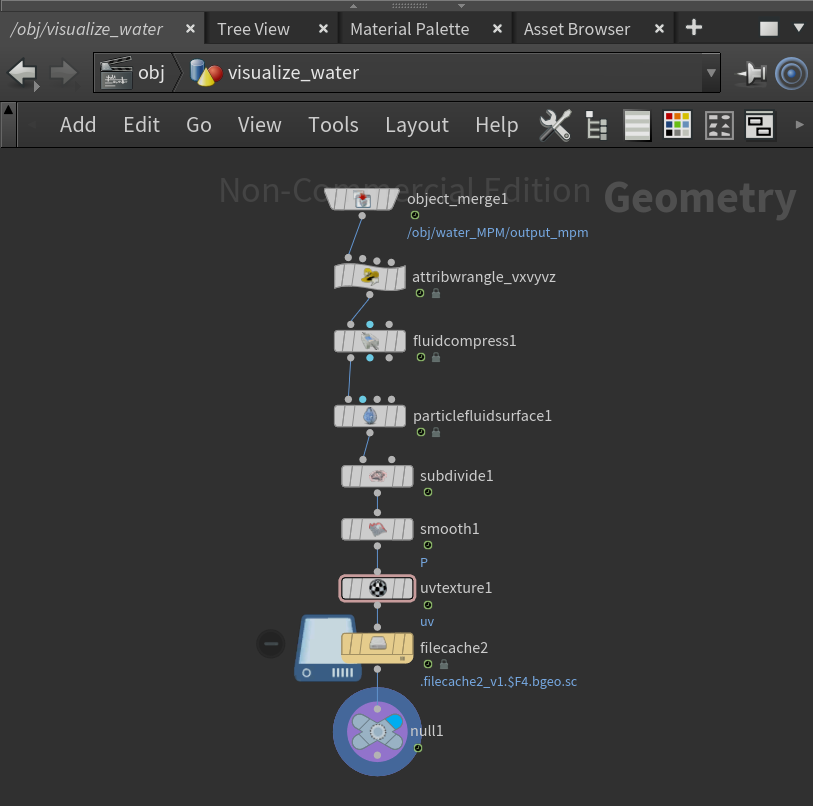 Houdini node network for reconstructing the MPM water surface